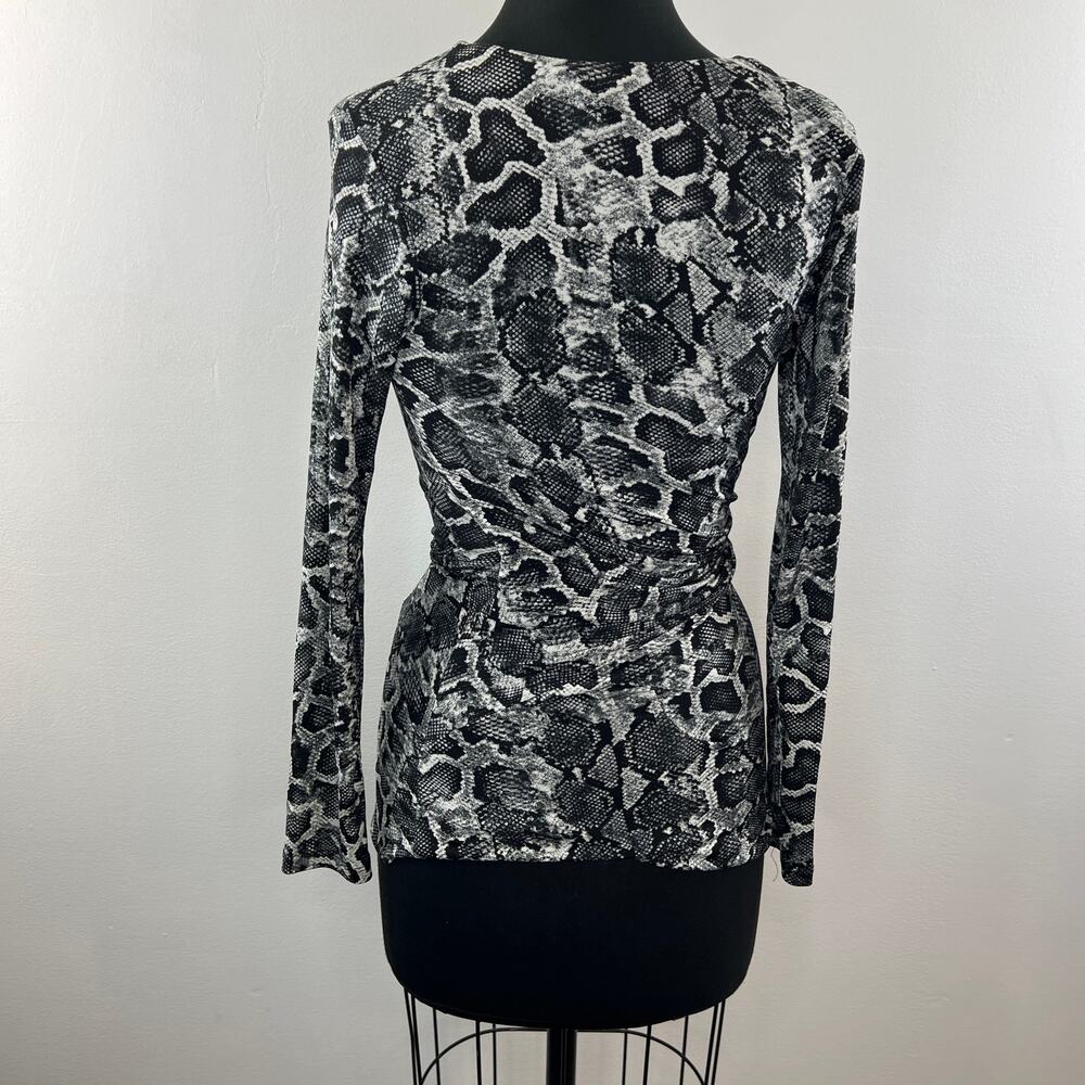 SKY White Black Deep Cut Blouse Top Snake Print Ruched Long Sleeve Size S Small - Picture 6 of 8
